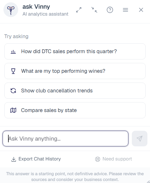 Ask Vinny chat showing questions about winery sales, wines, club cancellations, and sales by state